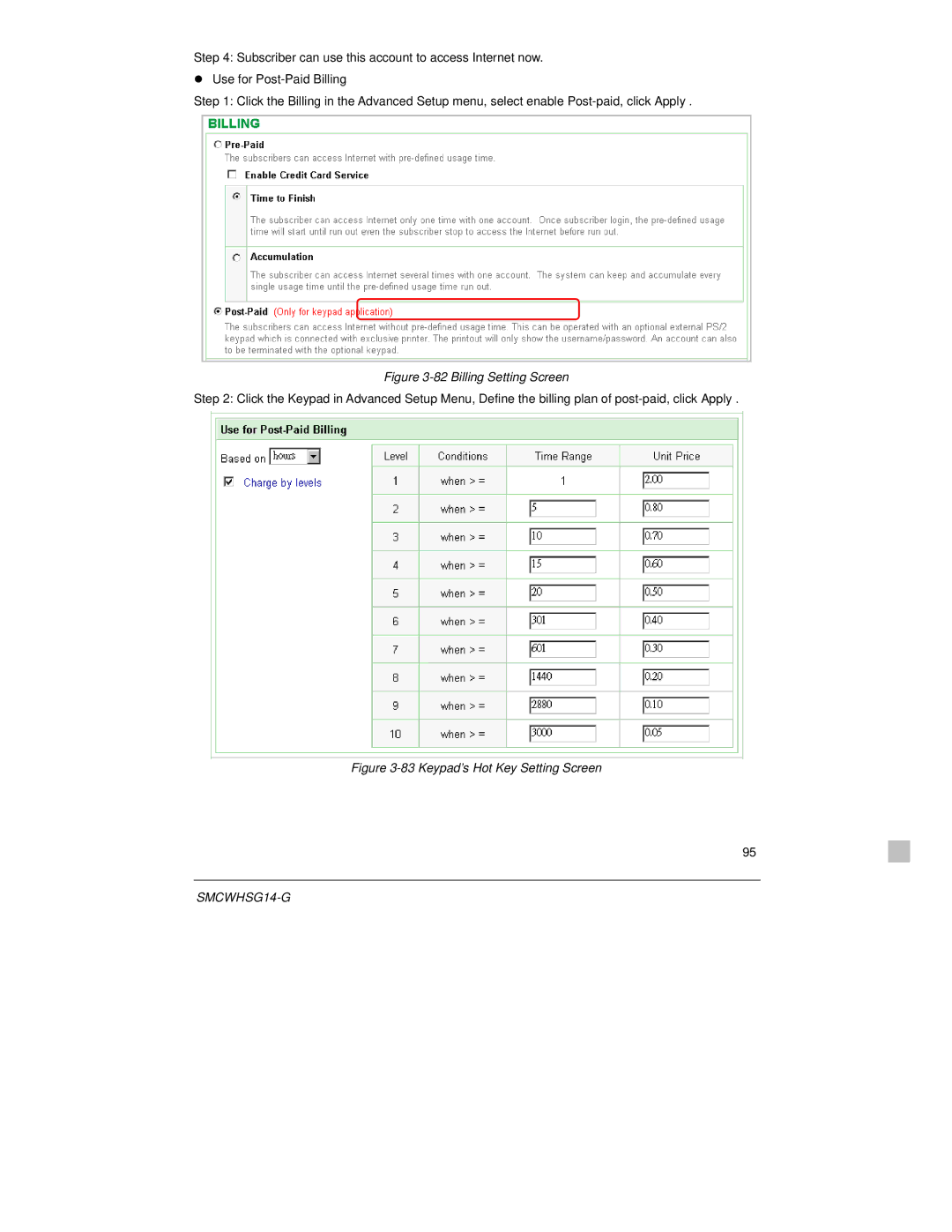 SMC Networks SMCWHSG14-G manual Billing Setting Screen 