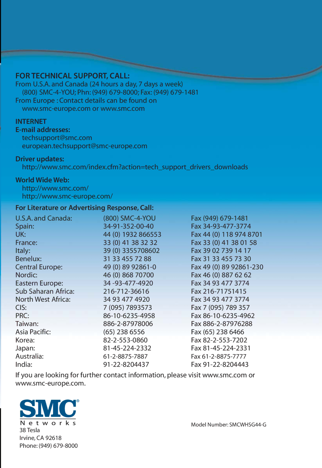 SMC Networks SMCWHSG44-G manual For Technical SUPPORT, Call 