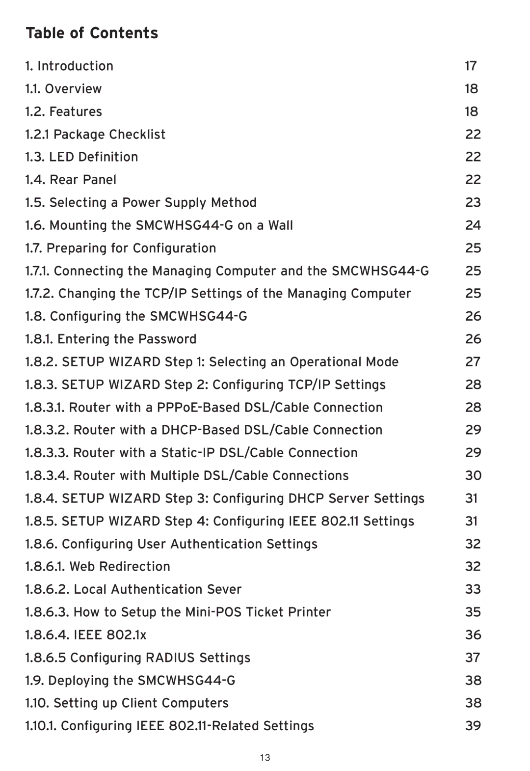 SMC Networks SMCWHSG44-G manual Table of Contents 