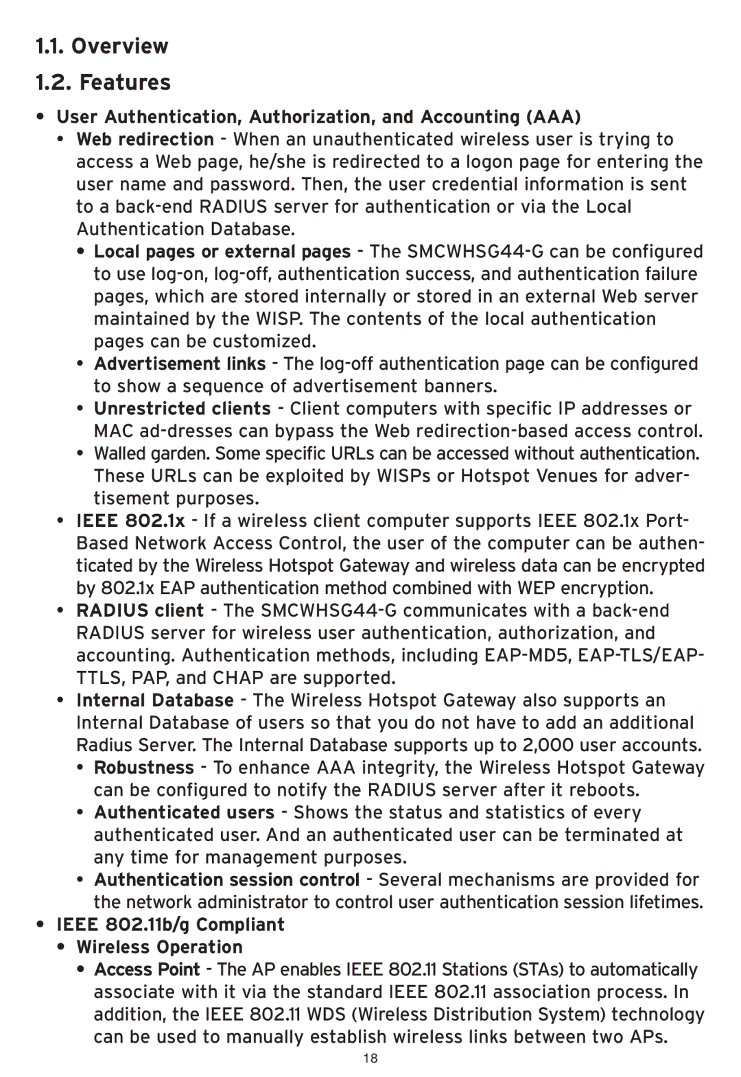 SMC Networks SMCWHSG44-G manual Overview Features, User Authentication, Authorization, and Accounting AAA 