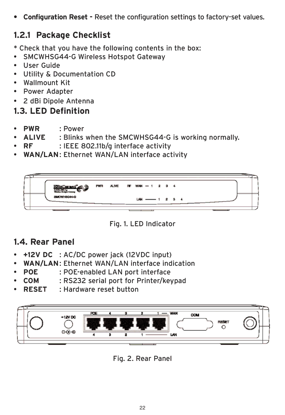 SMC Networks SMCWHSG44-G manual Package Checklist, LED Definition, Rear Panel 