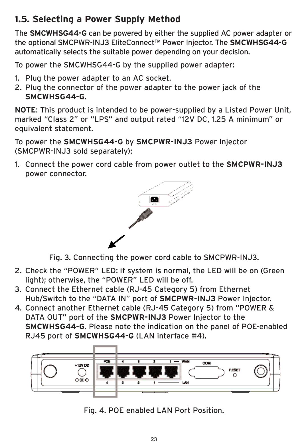 SMC Networks SMCWHSG44-G manual Selecting a Power Supply Method, POE enabled LAN Port Position 