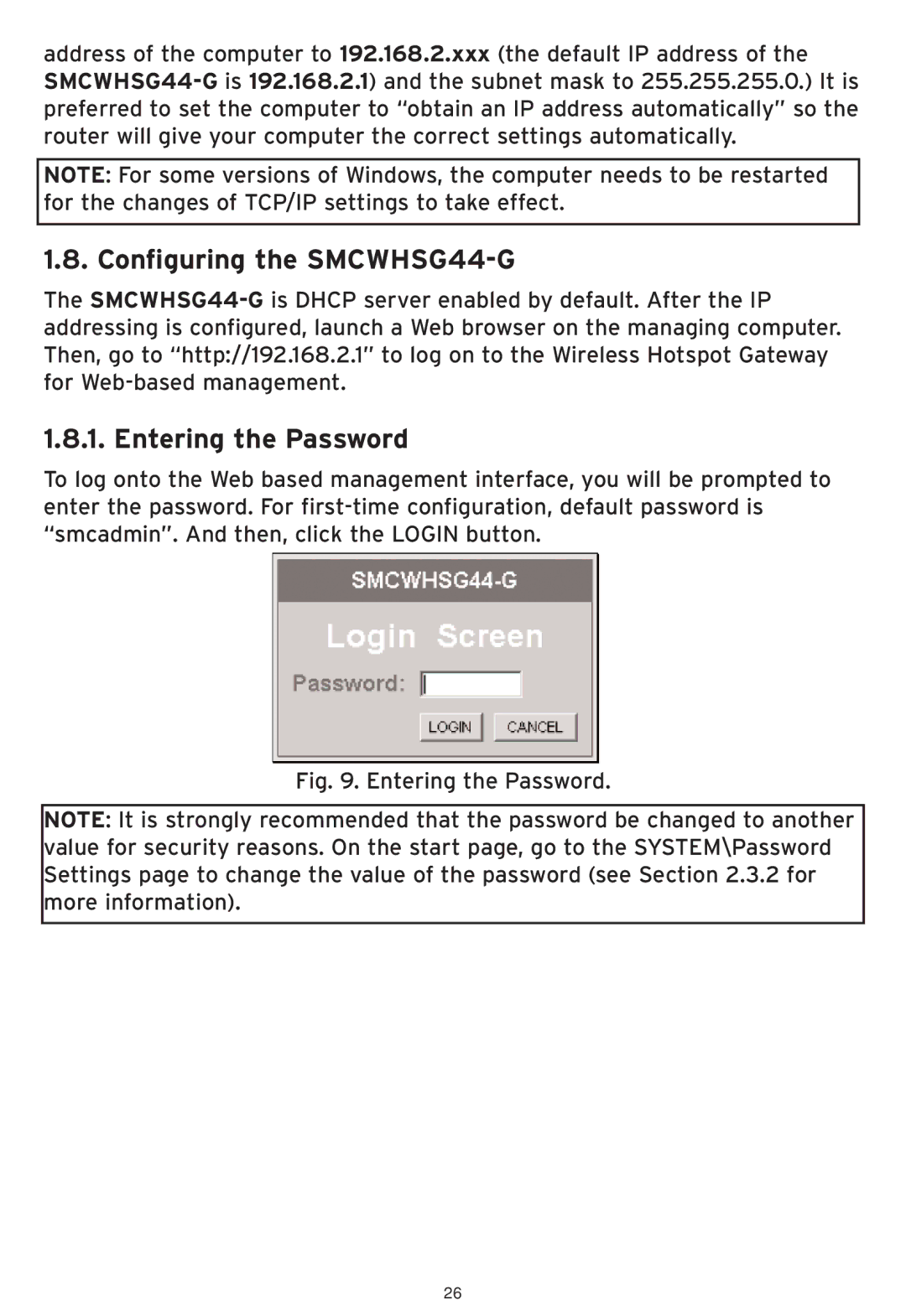 SMC Networks manual Configuring the SMCWHSG44-G, Entering the Password 