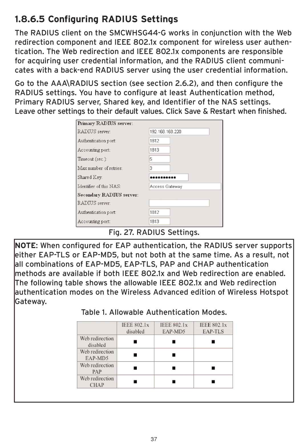 SMC Networks SMCWHSG44-G manual Configuring Radius Settings, Radius Settings Allowable Authentication Modes 