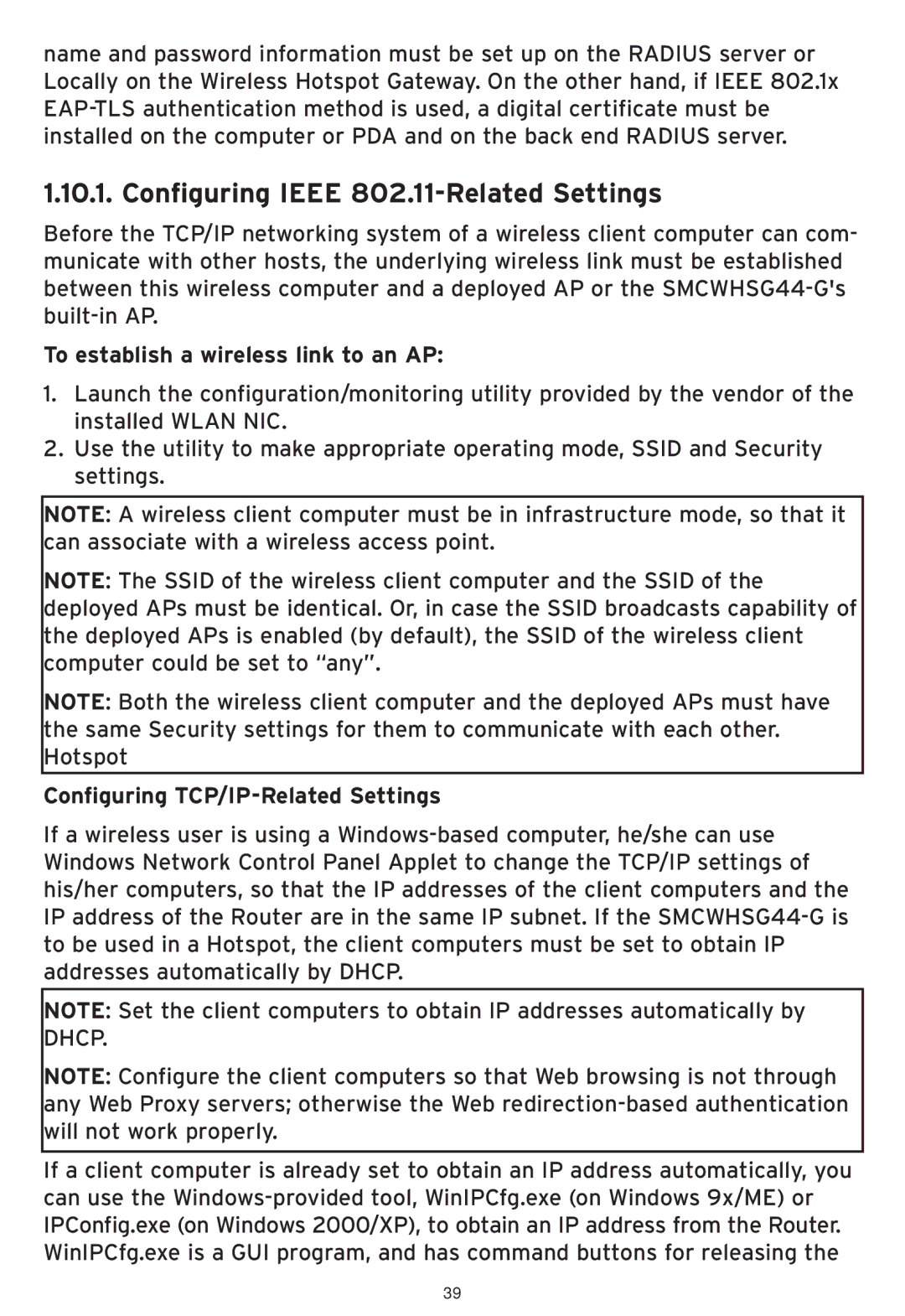 SMC Networks SMCWHSG44-G manual Configuring Ieee 802.11-Related Settings, To establish a wireless link to an AP 