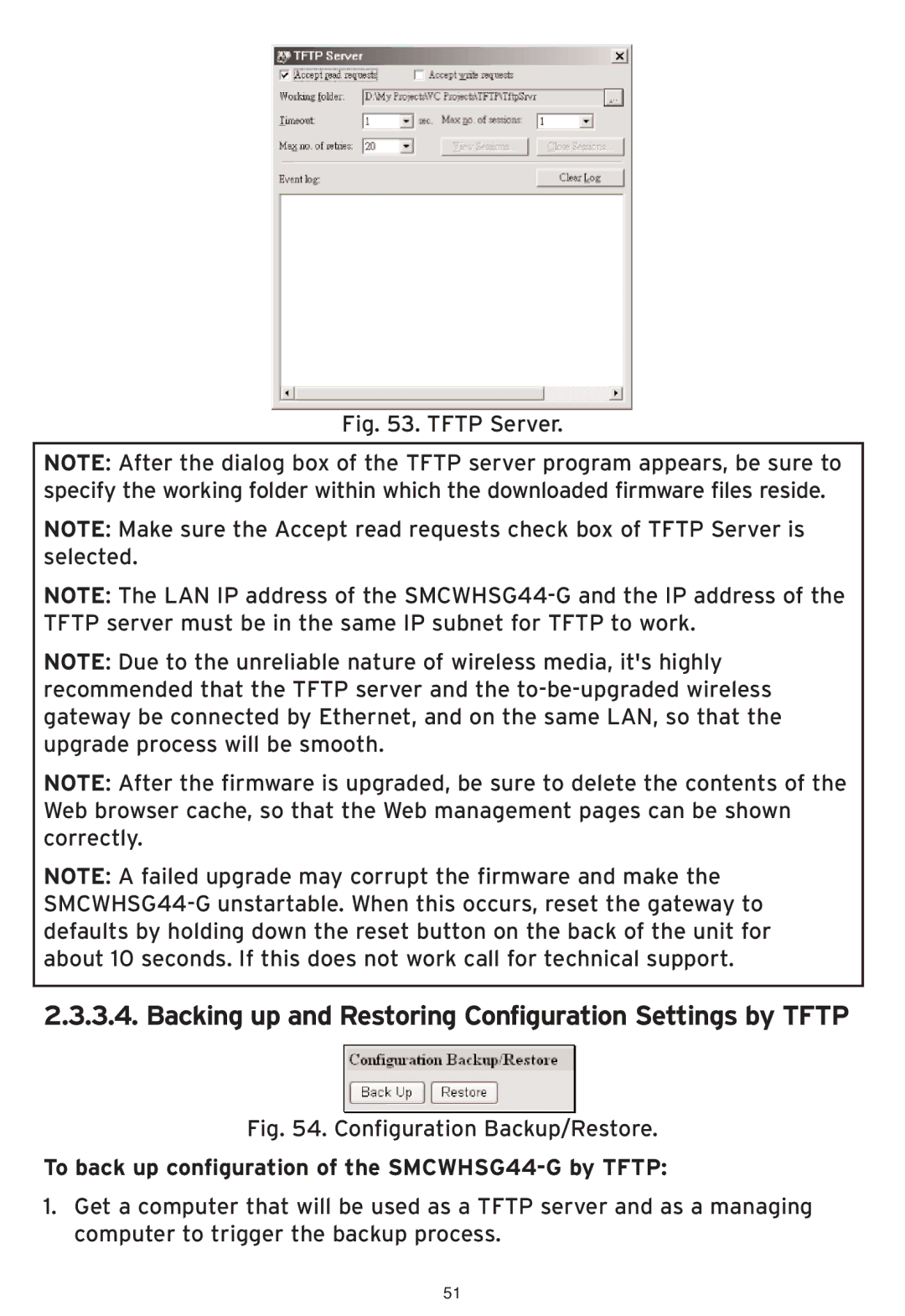 SMC Networks SMCWHSG44-G manual Backing up and Restoring Configuration Settings by Tftp 