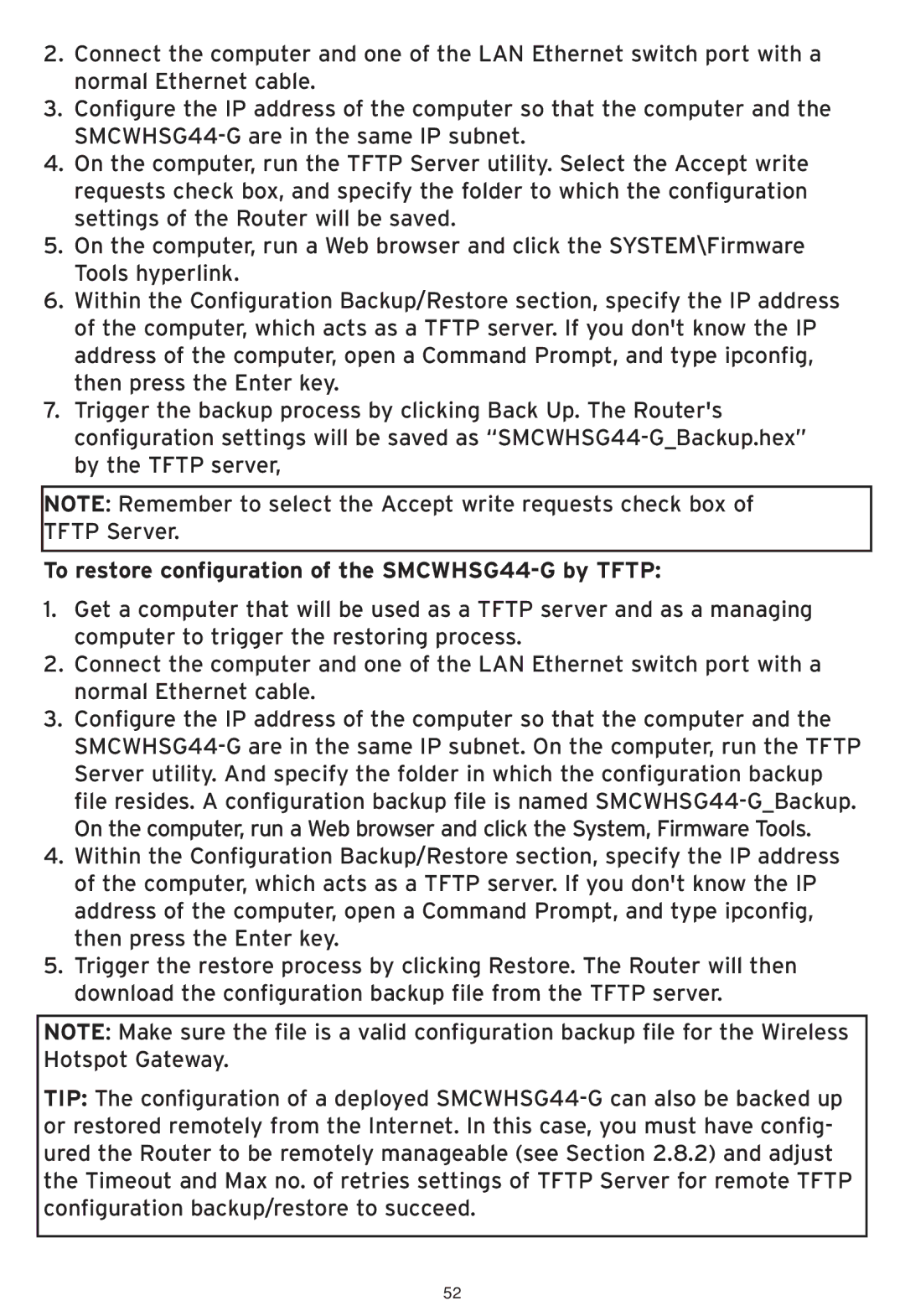 SMC Networks manual To restore configuration of the SMCWHSG44-G by Tftp 