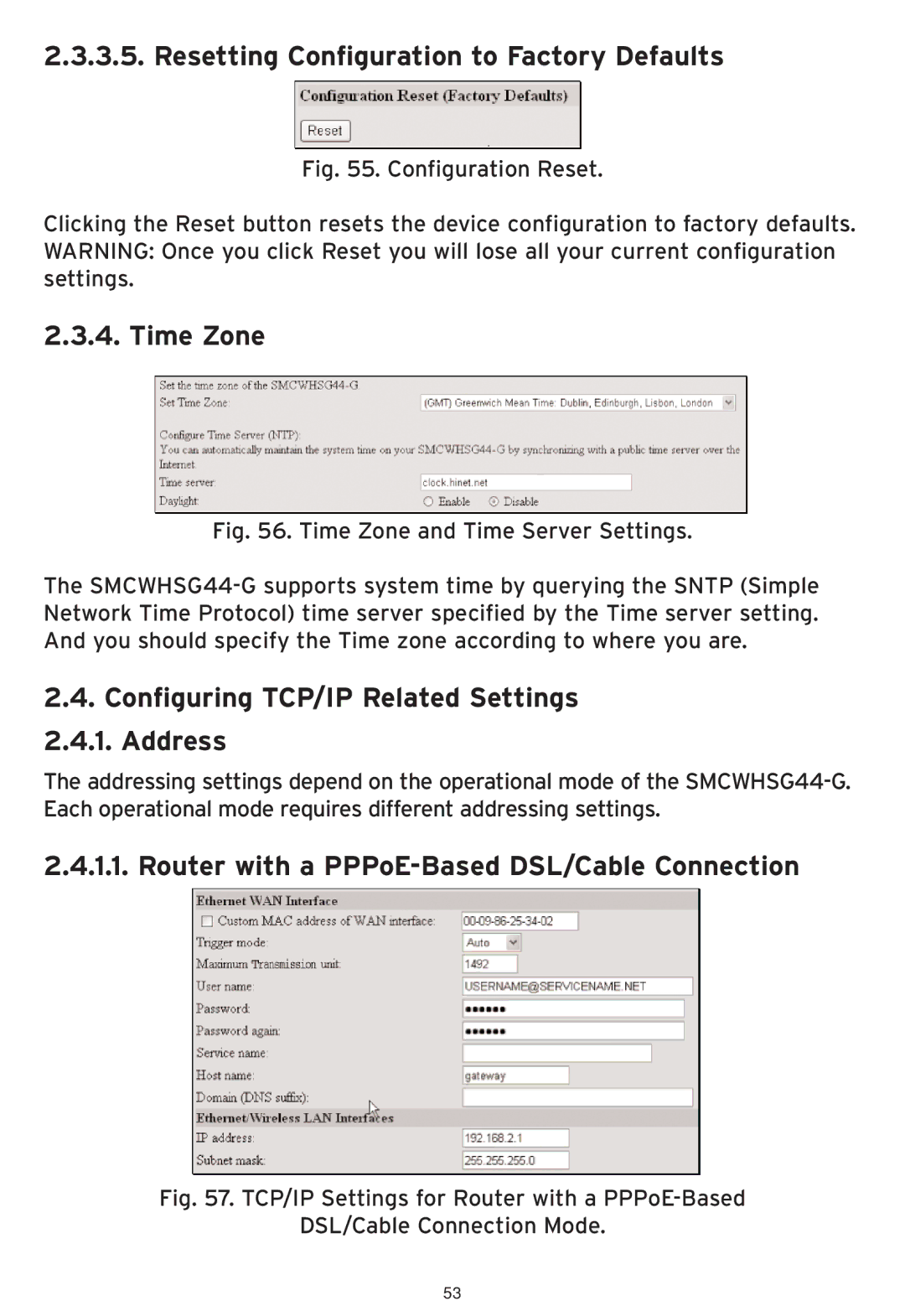 SMC Networks SMCWHSG44-G manual Resetting Configuration to Factory Defaults, Time Zone 