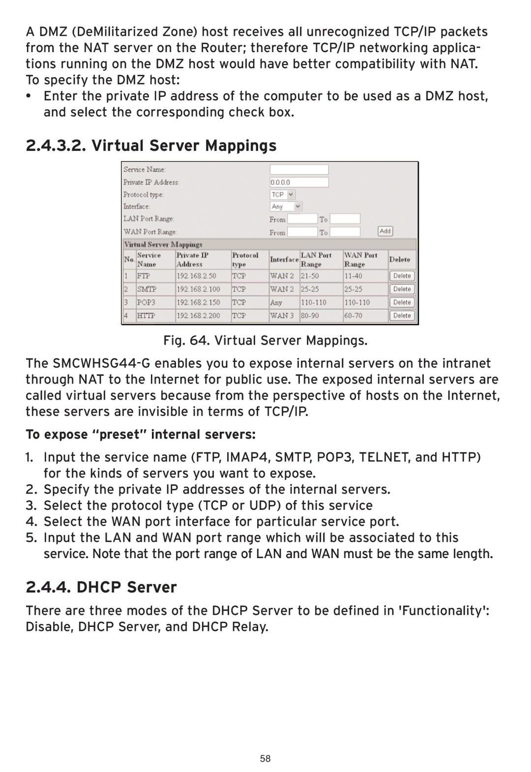 SMC Networks SMCWHSG44-G manual Virtual Server Mappings, Dhcp Server, To expose preset internal servers 