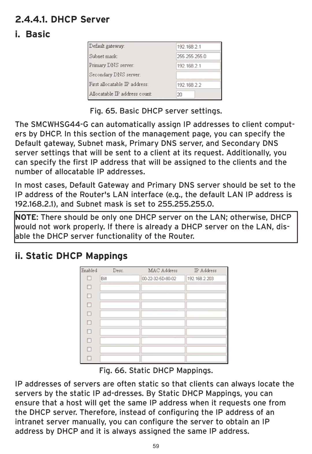 SMC Networks SMCWHSG44-G manual Dhcp Server Basic, Ii. Static Dhcp Mappings 