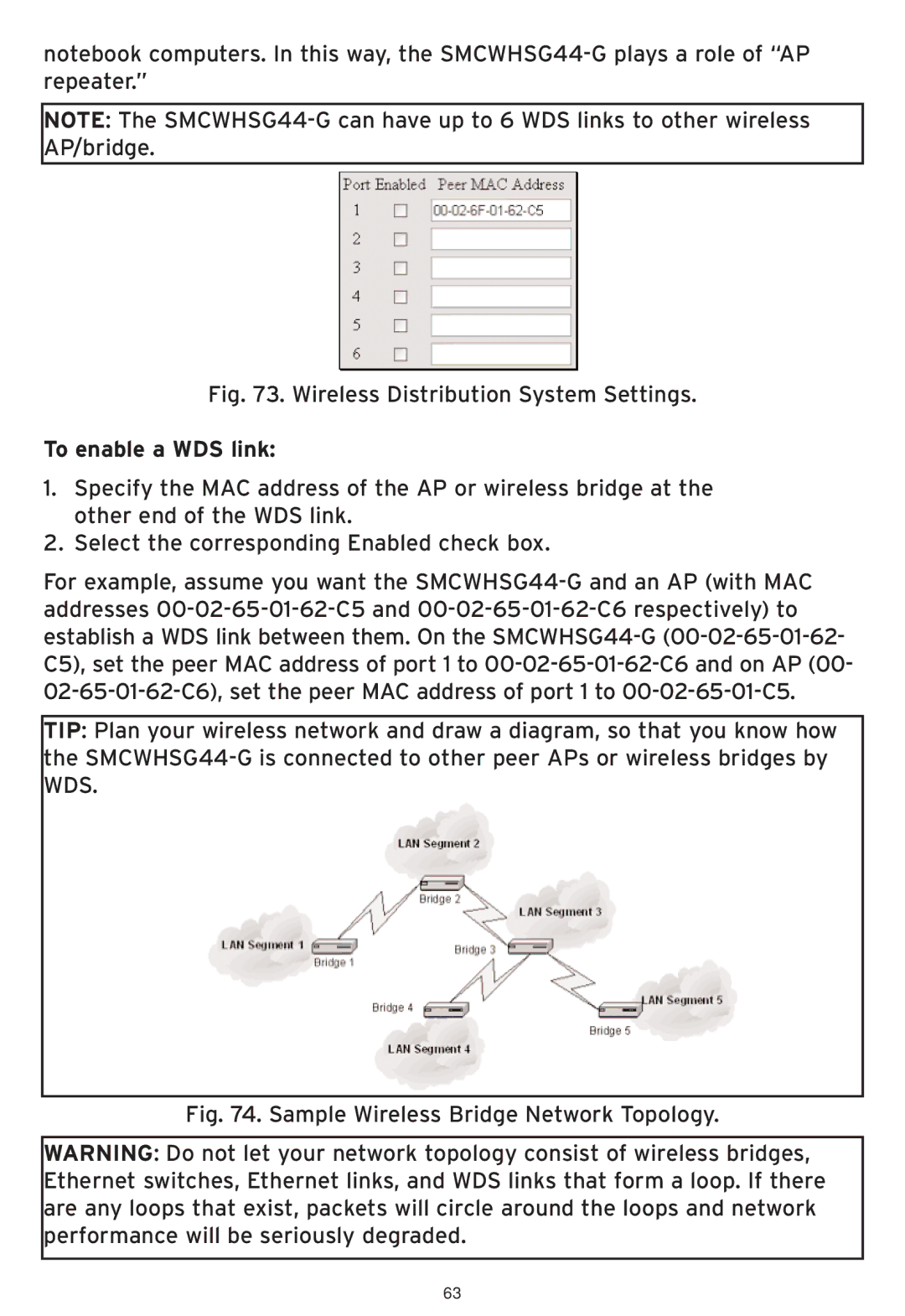 SMC Networks SMCWHSG44-G manual Wireless Distribution System Settings, To enable a WDS link 