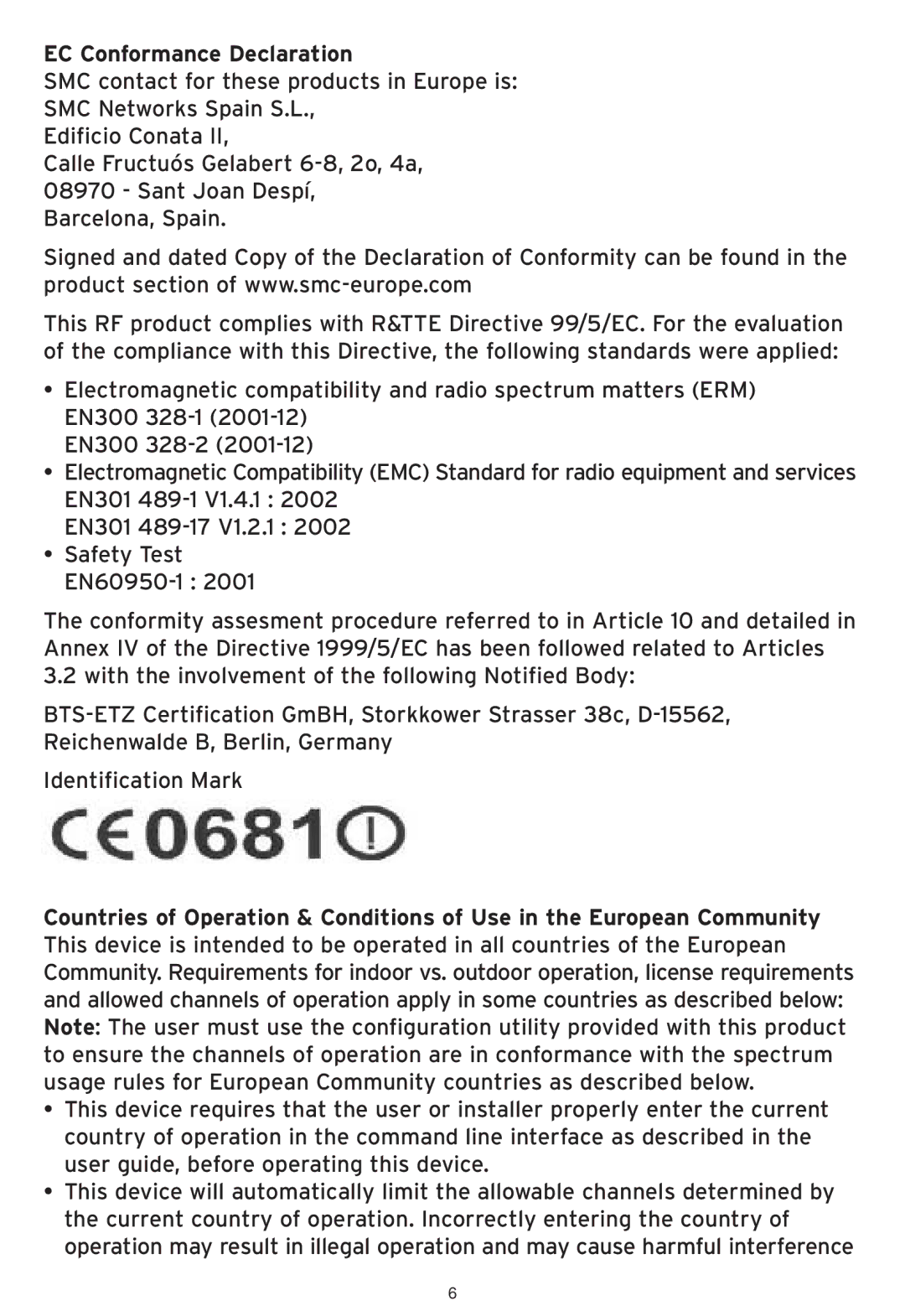 SMC Networks SMCWHSG44-G manual EC Conformance Declaration 