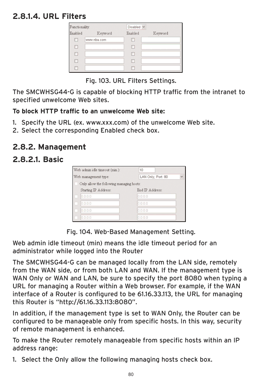 SMC Networks SMCWHSG44-G manual URL Filters, Management Basic, To block Http traffic to an unwelcome Web site 