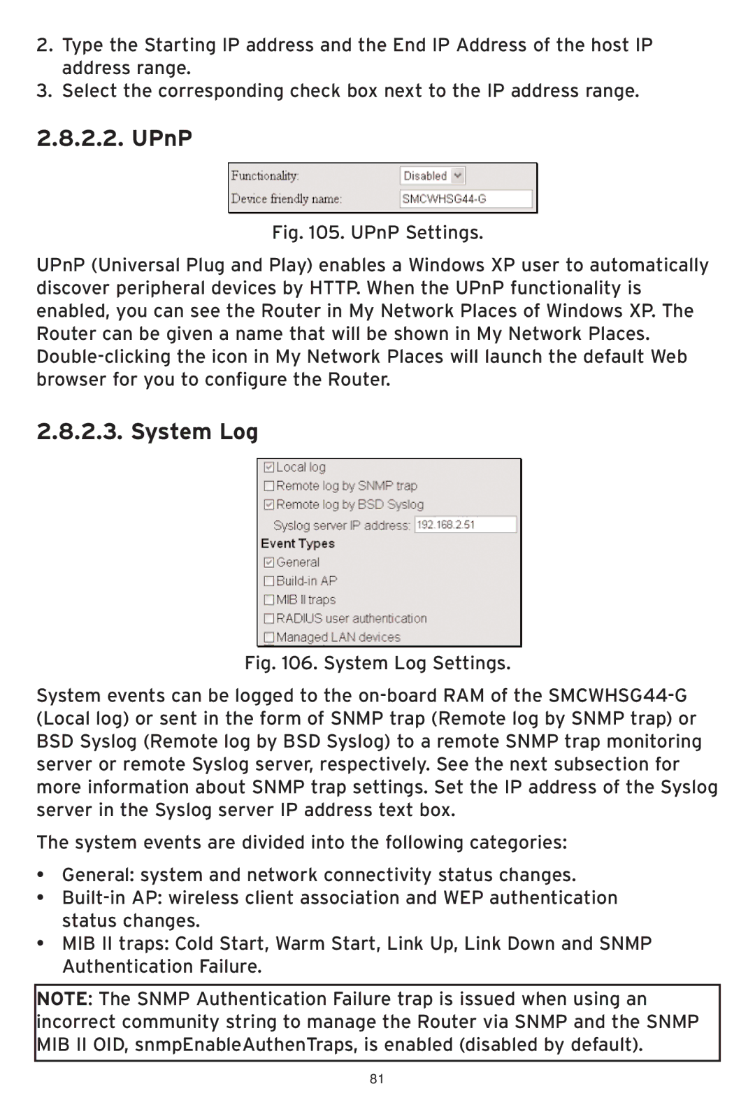 SMC Networks SMCWHSG44-G manual UPnP, System Log 