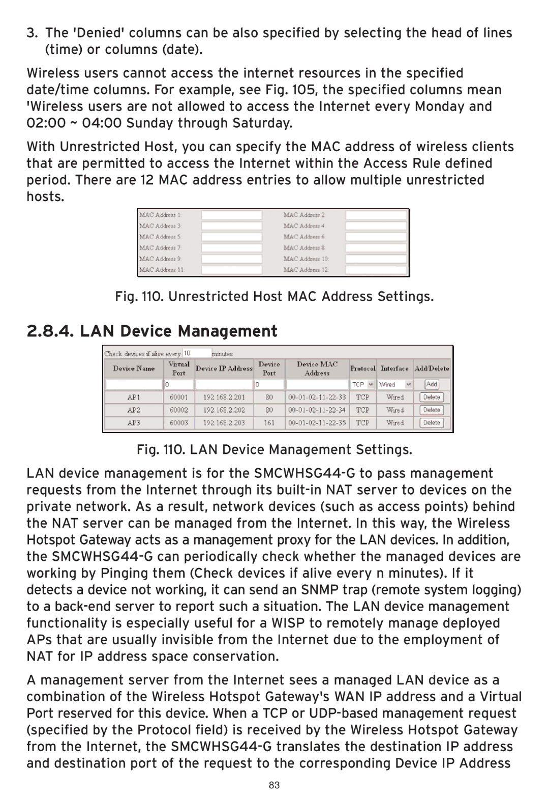 SMC Networks SMCWHSG44-G manual LAN Device Management, Unrestricted Host MAC Address Settings 