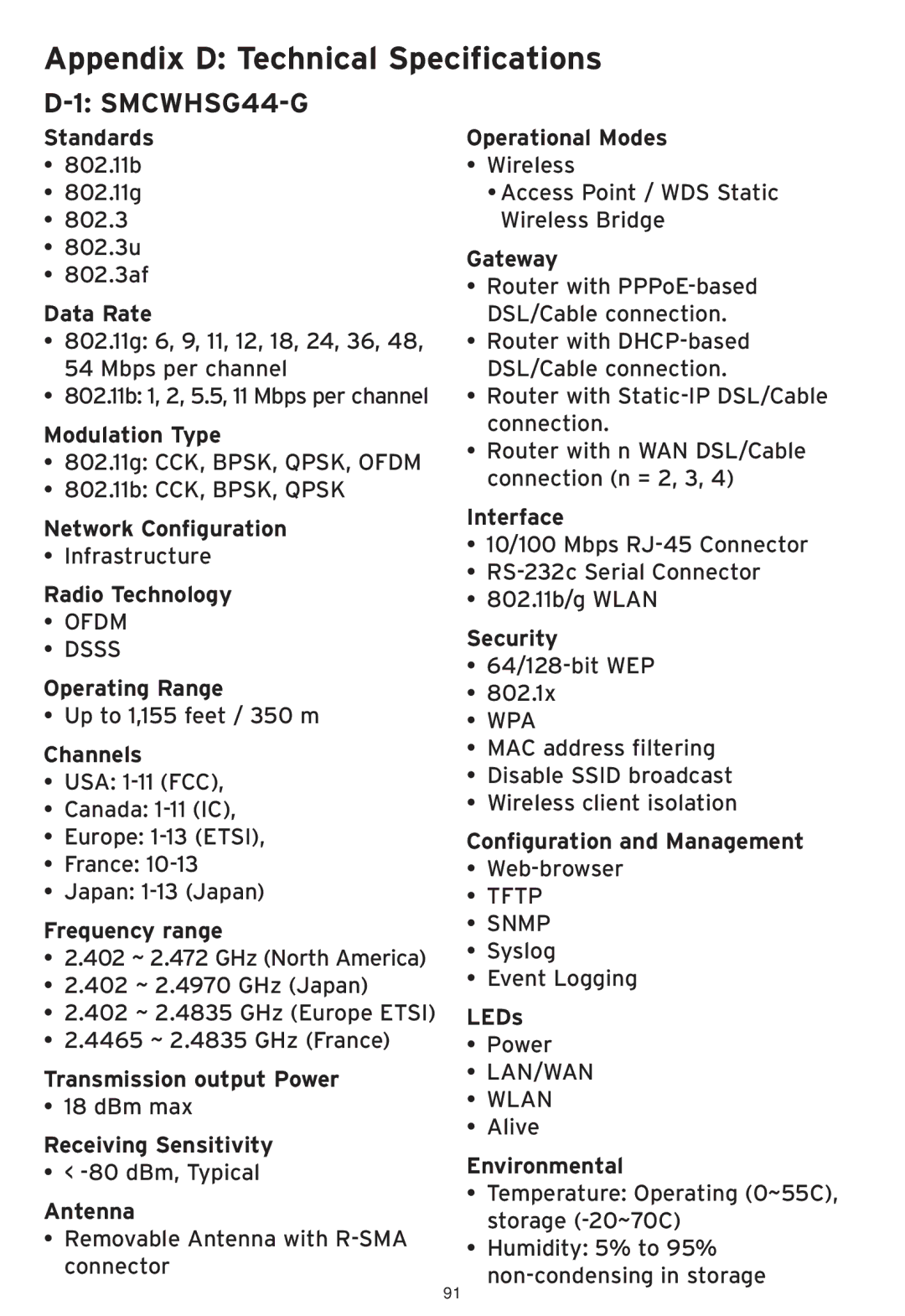 SMC Networks SMCWHSG44-G Standards, Data Rate, Modulation Type, Network Configuration, Radio Technology, Operating Range 