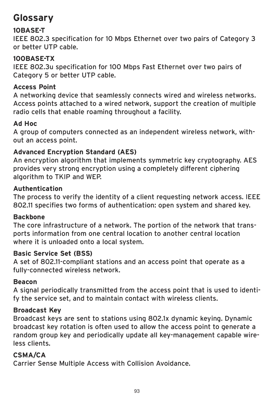 SMC Networks SMCWHSG44-G manual Access Point, Ad Hoc, Advanced Encryption Standard AES, Authentication, Backbone, Beacon 