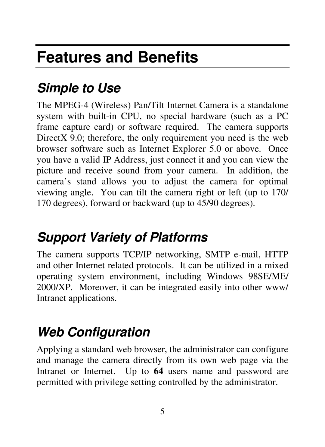 SMC Networks SMCWIPCAM-G manual Features and Benefits, Simple to Use, Support Variety of Platforms, Web Configuration 