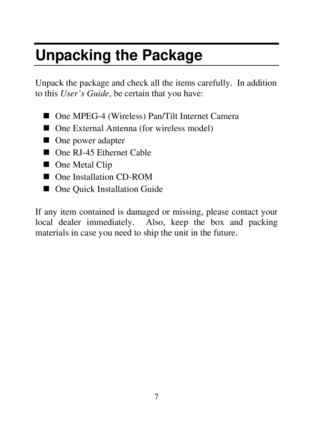 SMC Networks SMCWIPCAM-G manual Unpacking the Package 