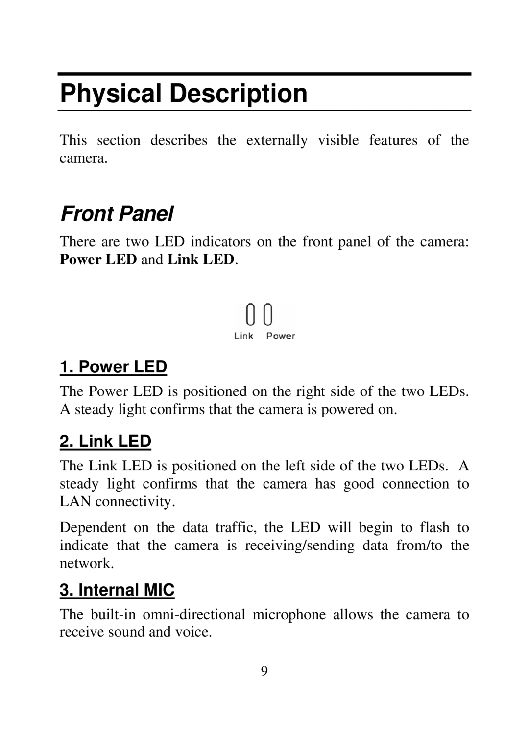 SMC Networks SMCWIPCAM-G manual Physical Description, Front Panel, Power LED, Link LED, Internal MIC 