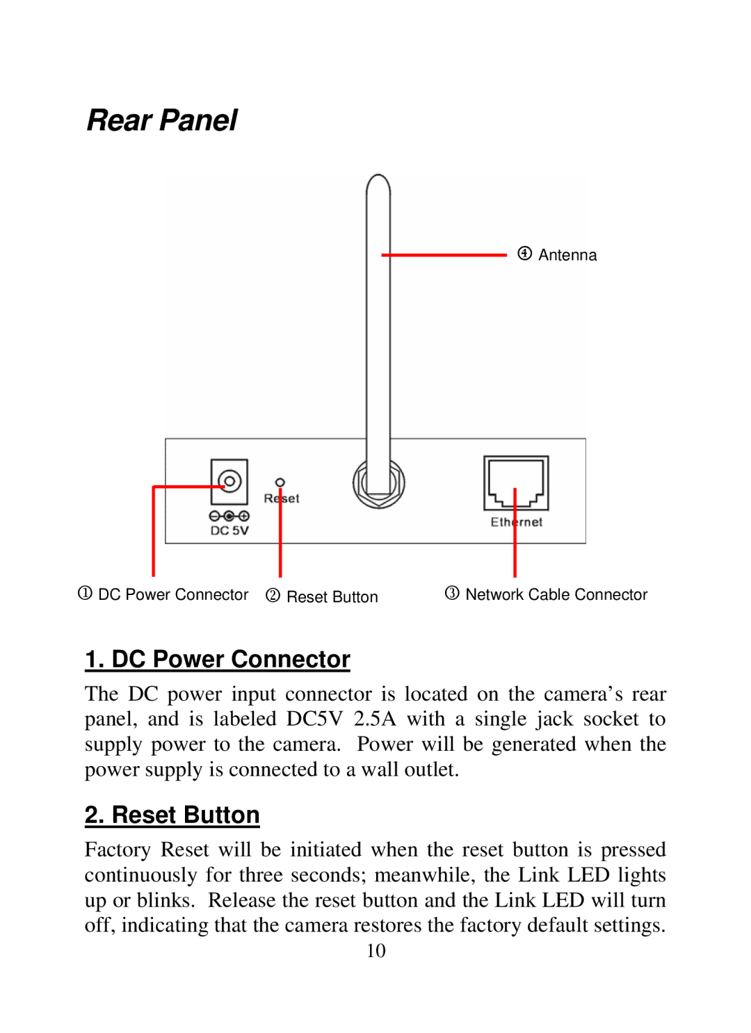 SMC Networks SMCWIPCAM-G manual Rear Panel, DC Power Connector, Reset Button 