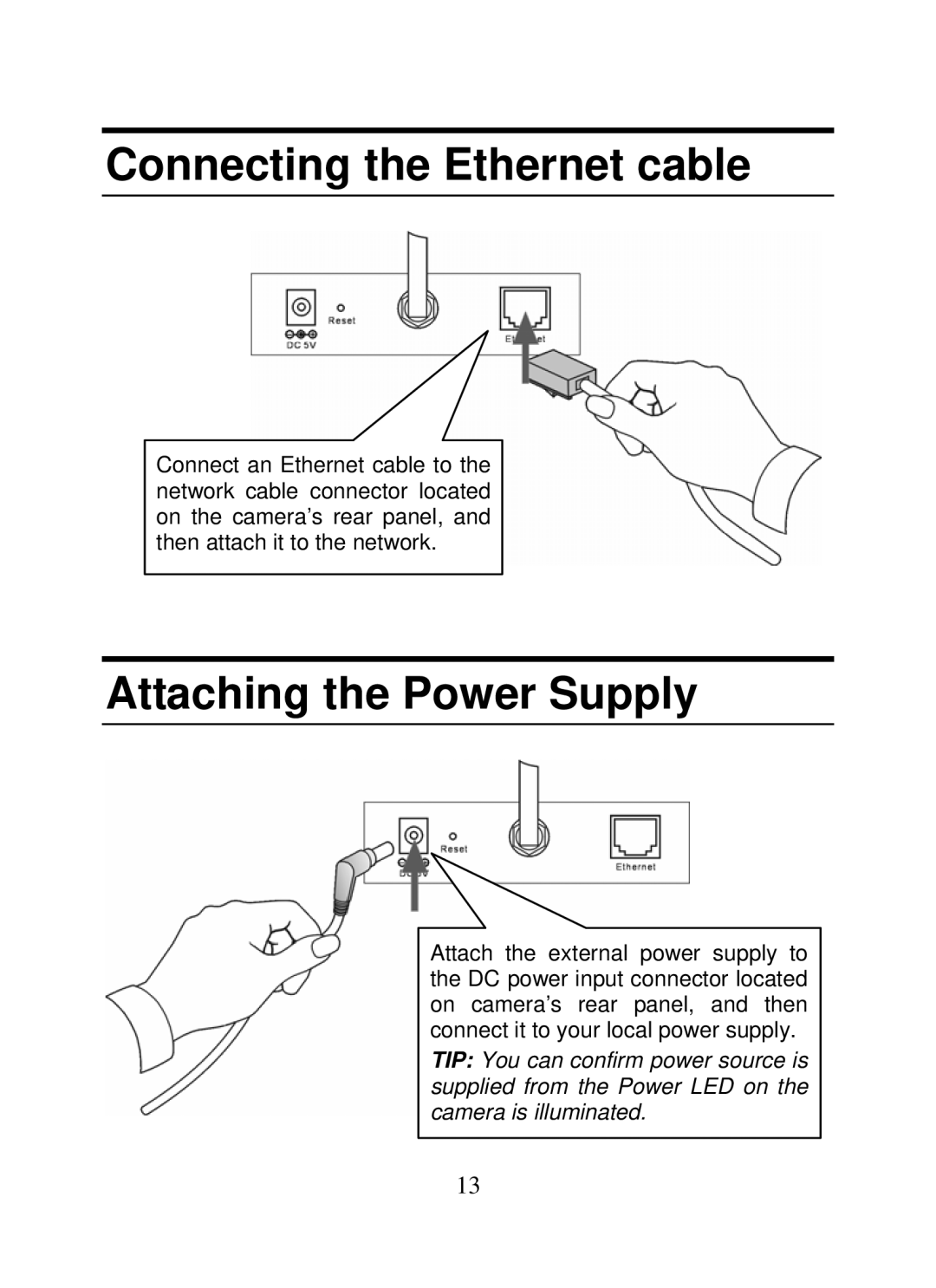 SMC Networks SMCWIPCAM-G manual Connecting the Ethernet cable, Attaching the Power Supply 