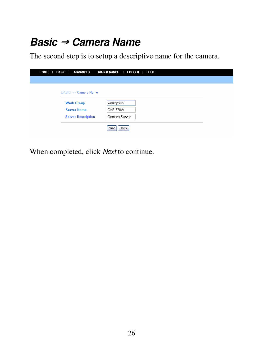 SMC Networks SMCWIPCAM-G manual Basic J Camera Name 