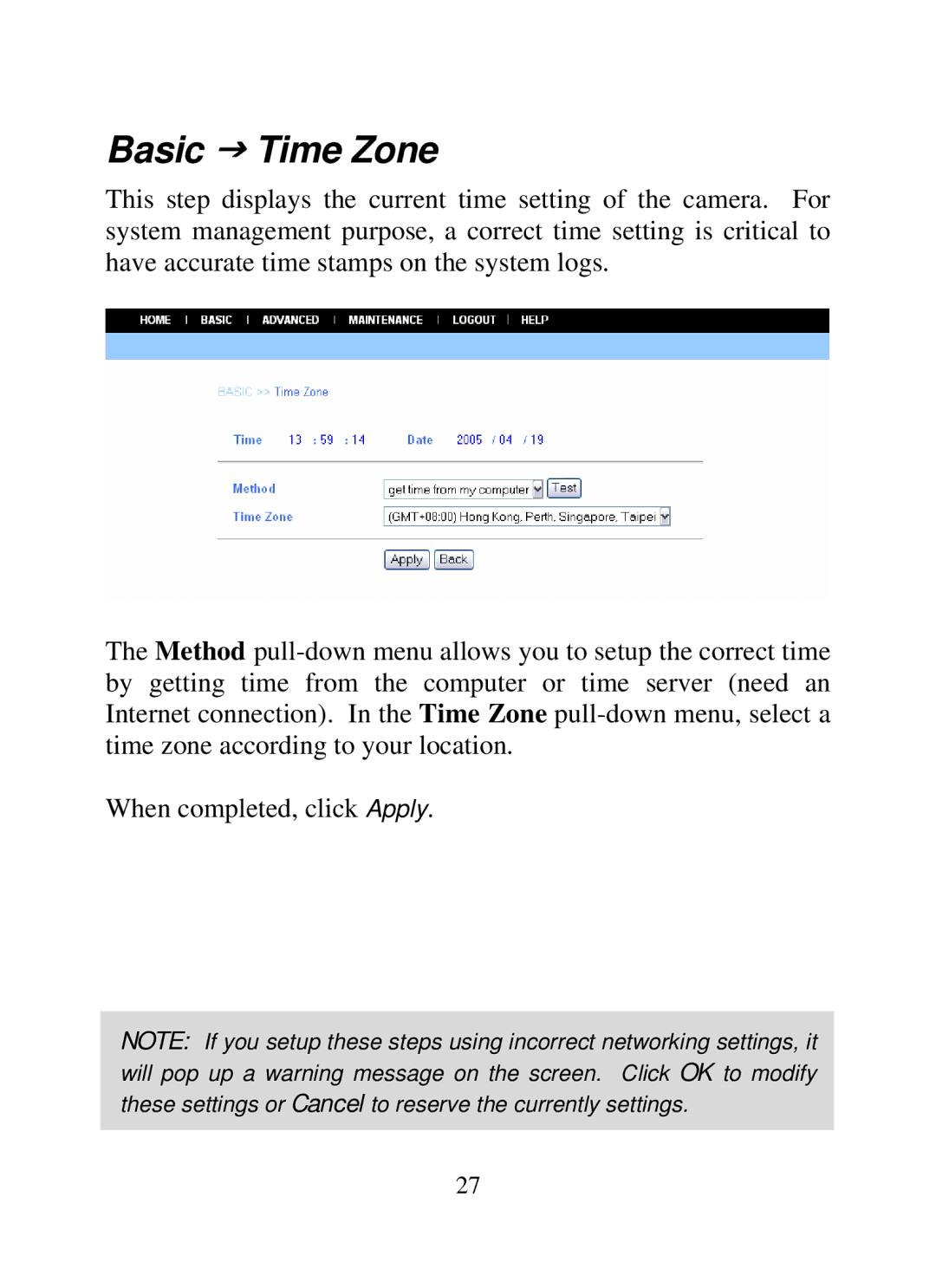 SMC Networks SMCWIPCAM-G manual Basic J Time Zone 