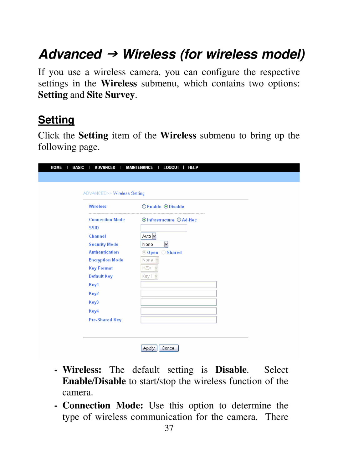 SMC Networks SMCWIPCAM-G manual Advanced J Wireless for wireless model, Setting 