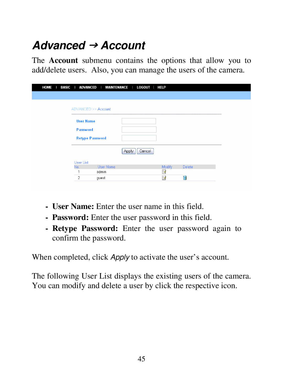 SMC Networks SMCWIPCAM-G manual Advanced J Account 