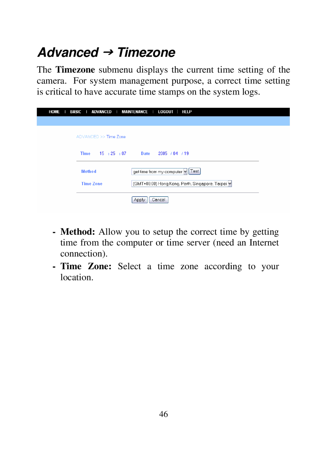 SMC Networks SMCWIPCAM-G manual Advanced J Timezone 