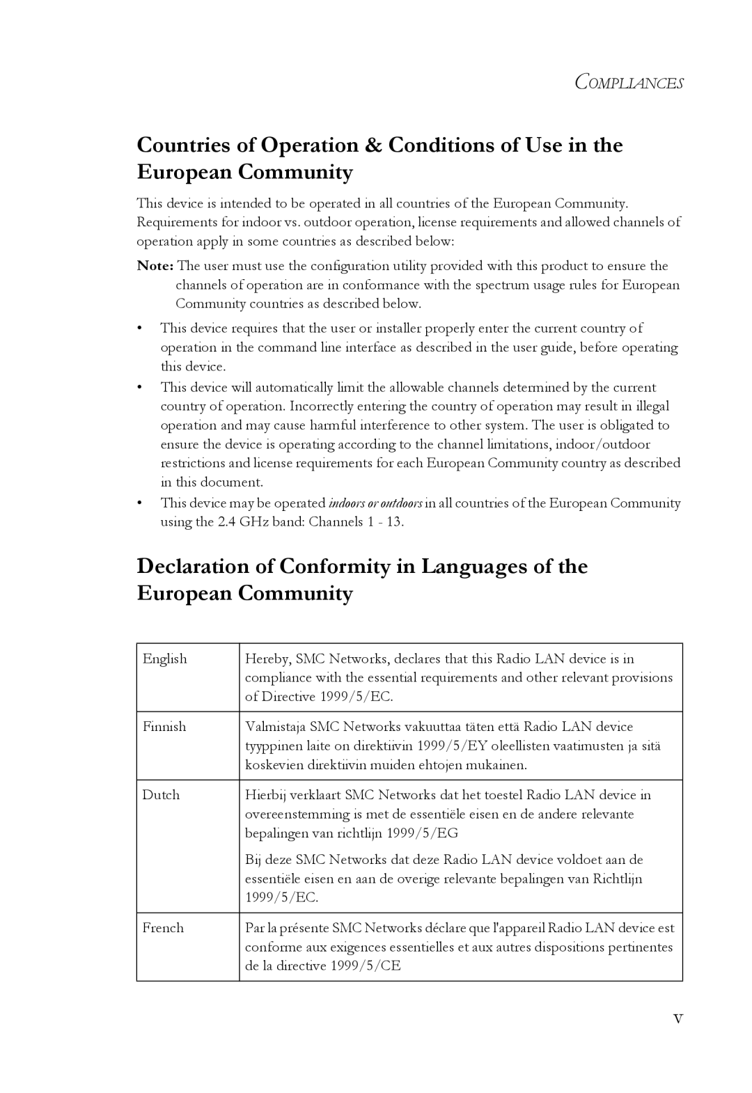 SMC Networks SMCWIPCAM-G manual Directive 1999/5/EC 