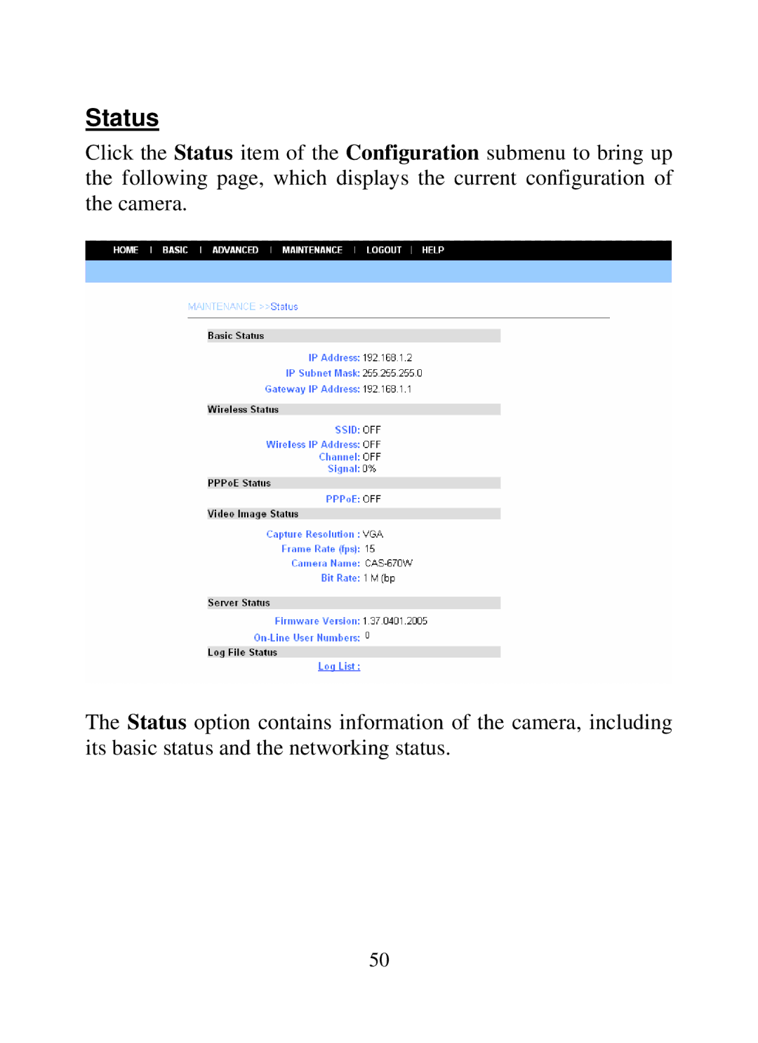 SMC Networks SMCWIPCAM-G manual Status 