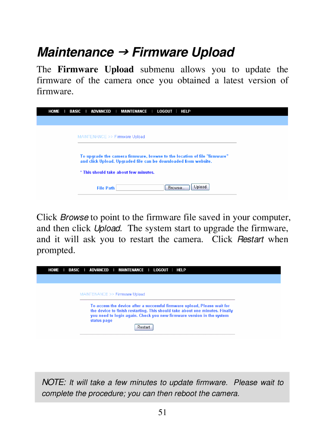 SMC Networks SMCWIPCAM-G manual Maintenance J Firmware Upload 