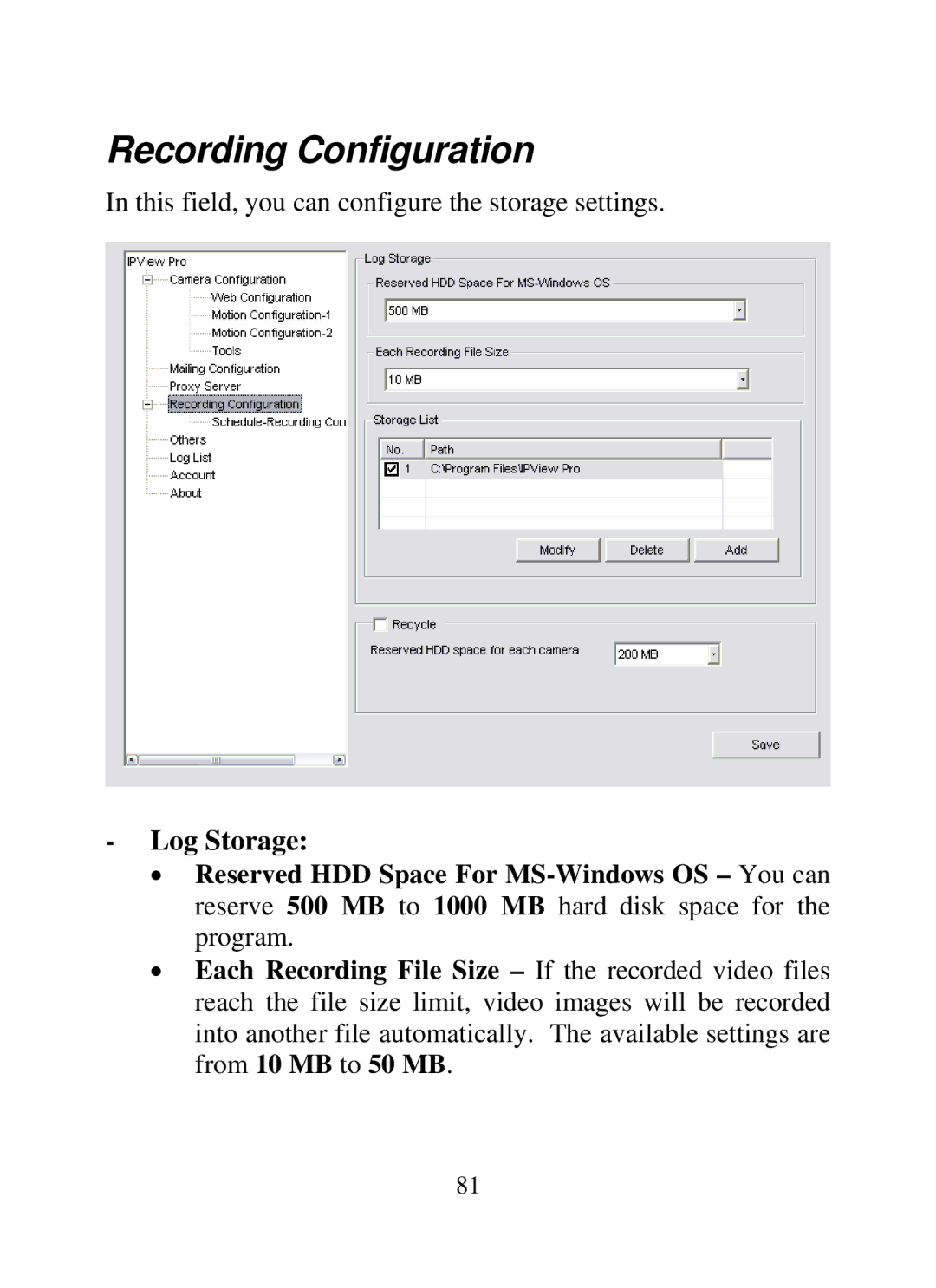 SMC Networks SMCWIPCAM-G manual Recording Configuration 