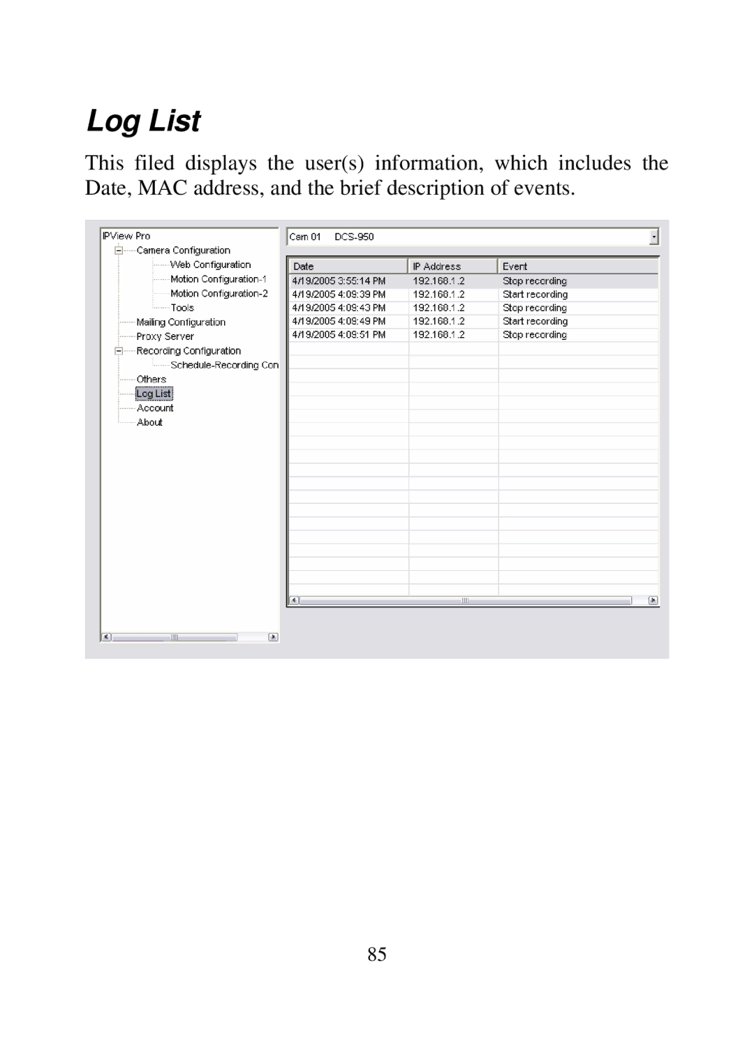 SMC Networks SMCWIPCAM-G manual Log List 