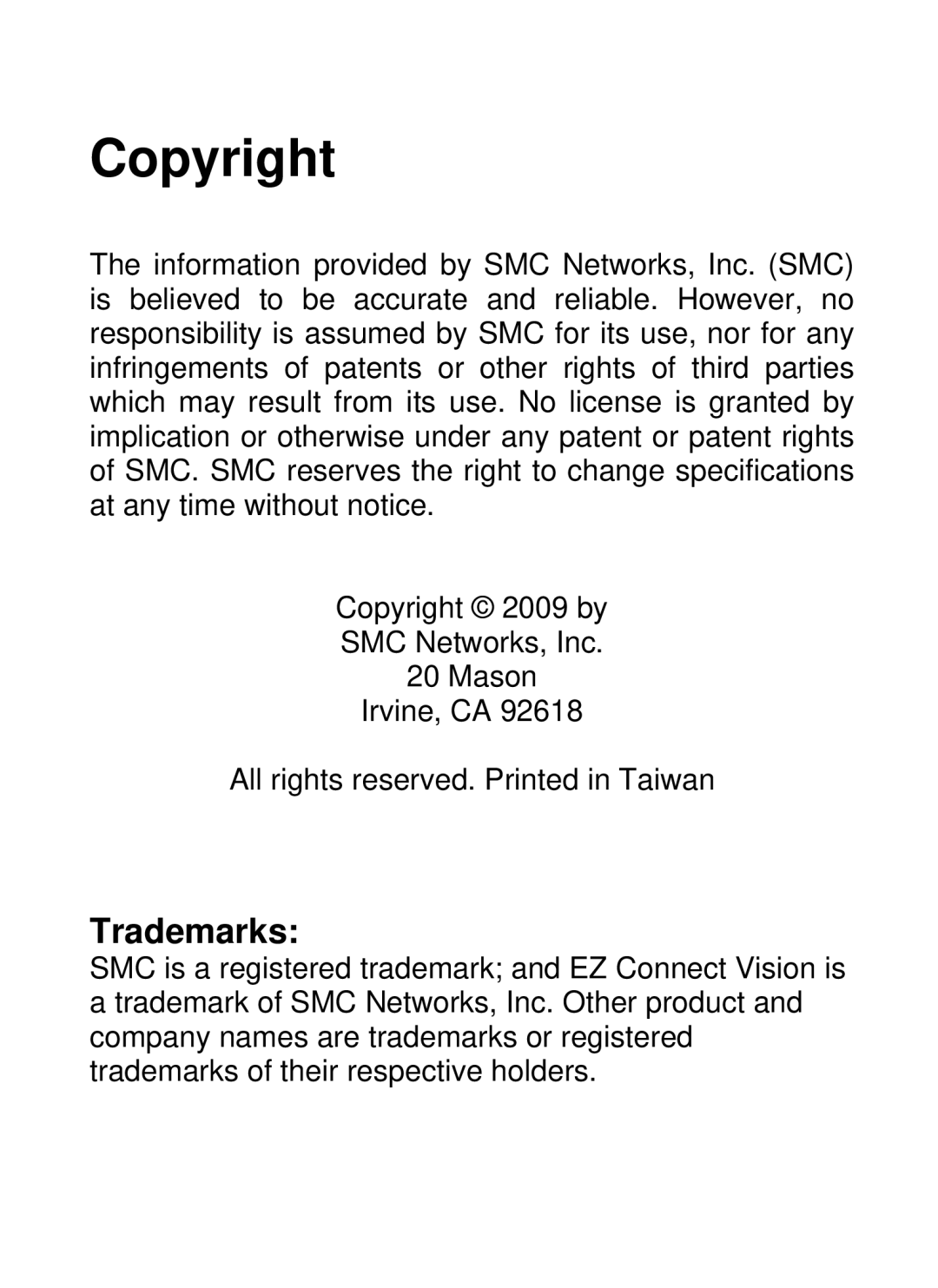 SMC Networks SMCWIPCFN-G2 manual Copyright, Trademarks 