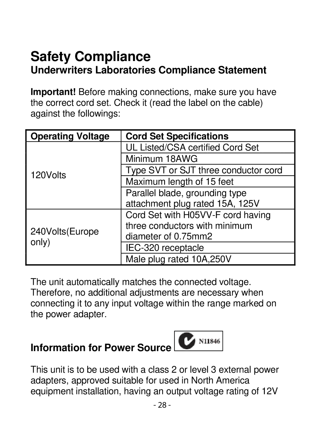 SMC Networks SMCWIPCFN-G2 manual Underwriters Laboratories Compliance Statement, Information for Power Source 