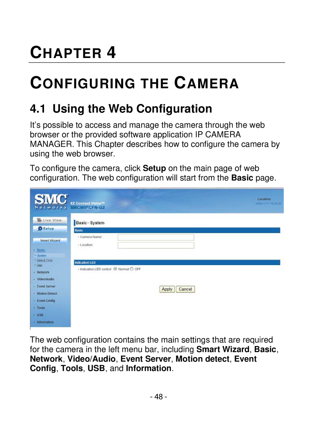 SMC Networks SMCWIPCFN-G2 manual Chapter Configuring the Camera, Using the Web Configuration 