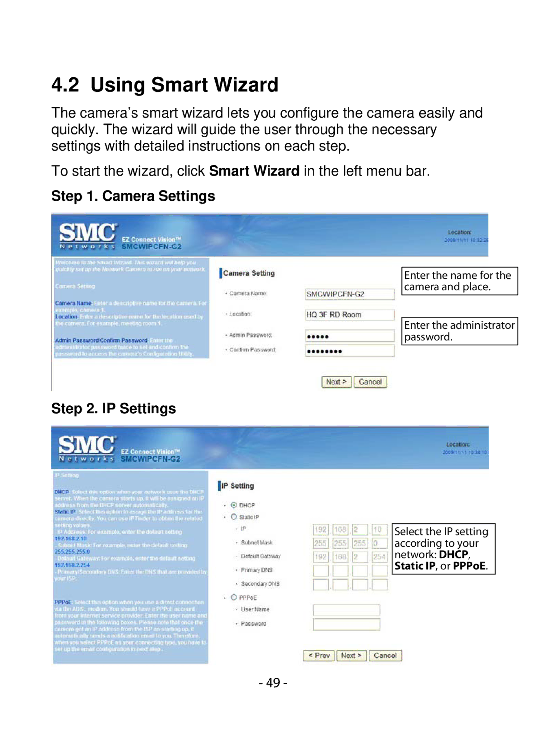 SMC Networks SMCWIPCFN-G2 manual Using Smart Wizard, Camera Settings, IP Settings 