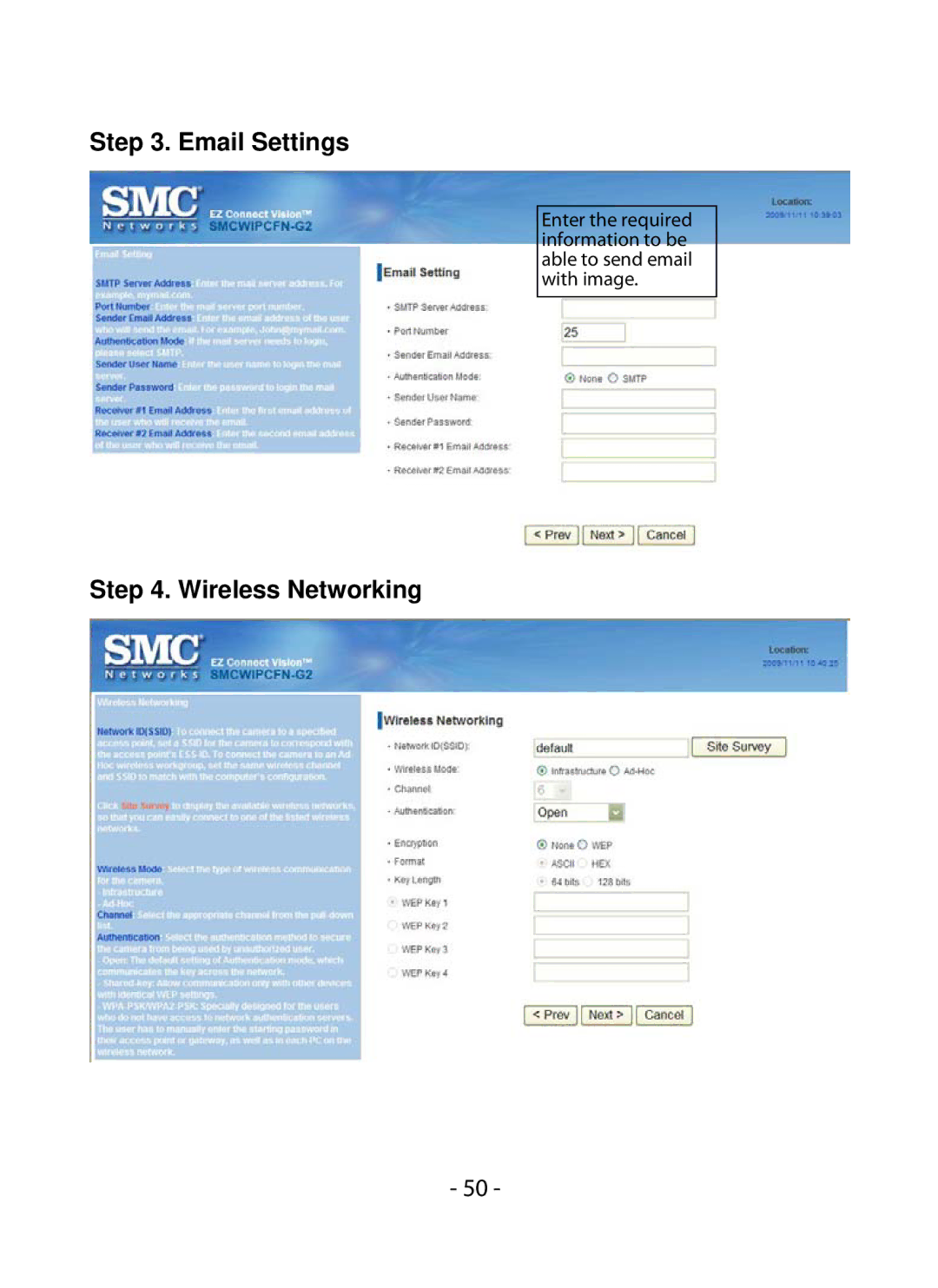 SMC Networks SMCWIPCFN-G2 manual Email Settings, Wireless Networking 