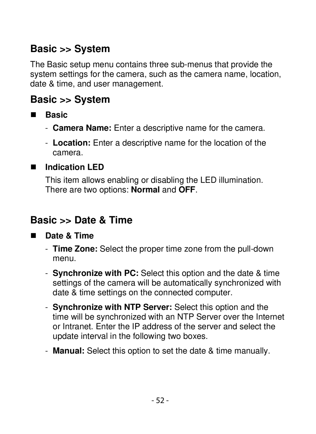 SMC Networks SMCWIPCFN-G2 manual Basic System, Basic Date & Time, „ Basic, „ Indication LED, „ Date & Time 