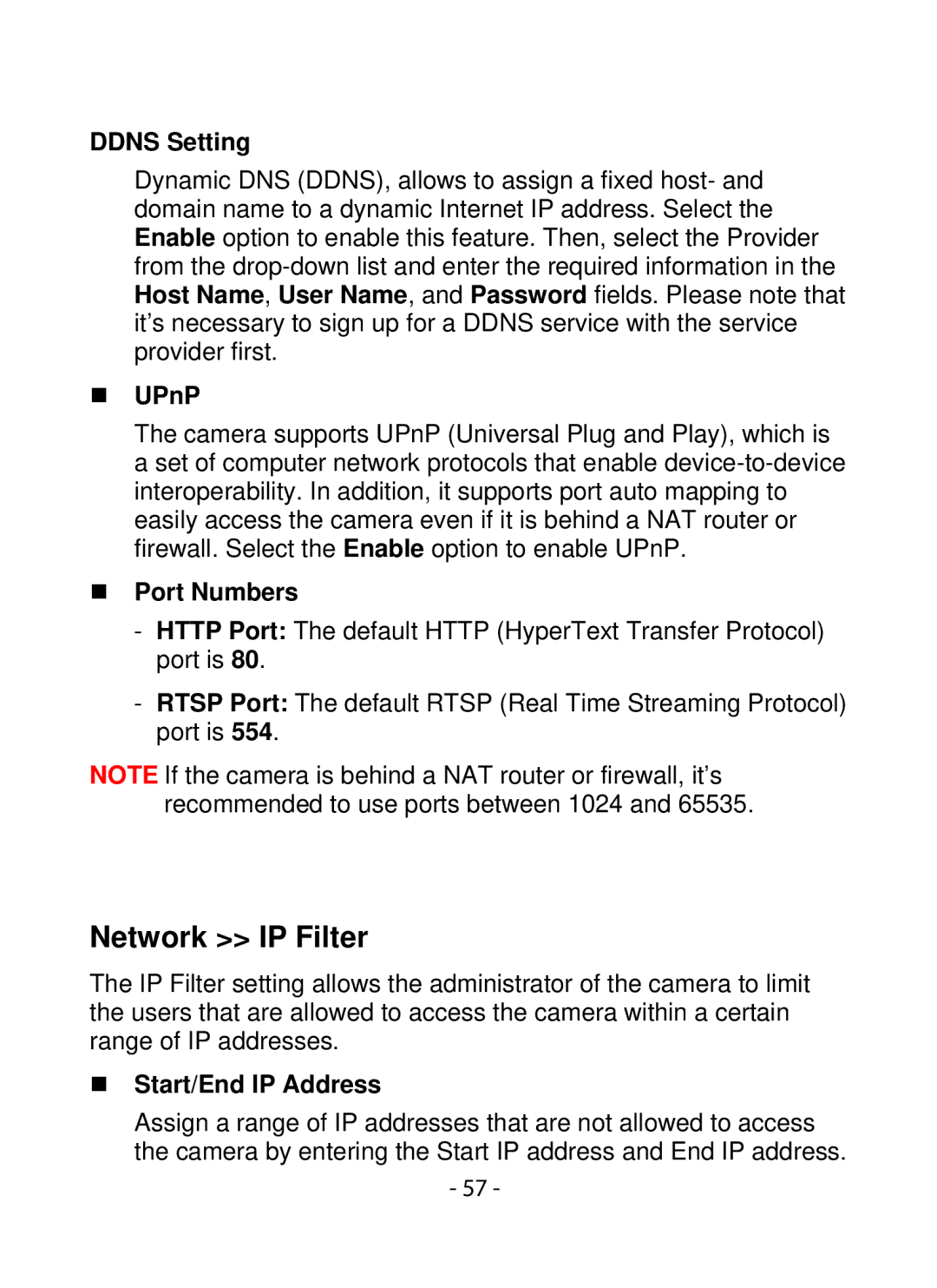 SMC Networks SMCWIPCFN-G2 manual Network IP Filter, Ddns Setting, „ UPnP, „ Port Numbers, „ Start/End IP Address 