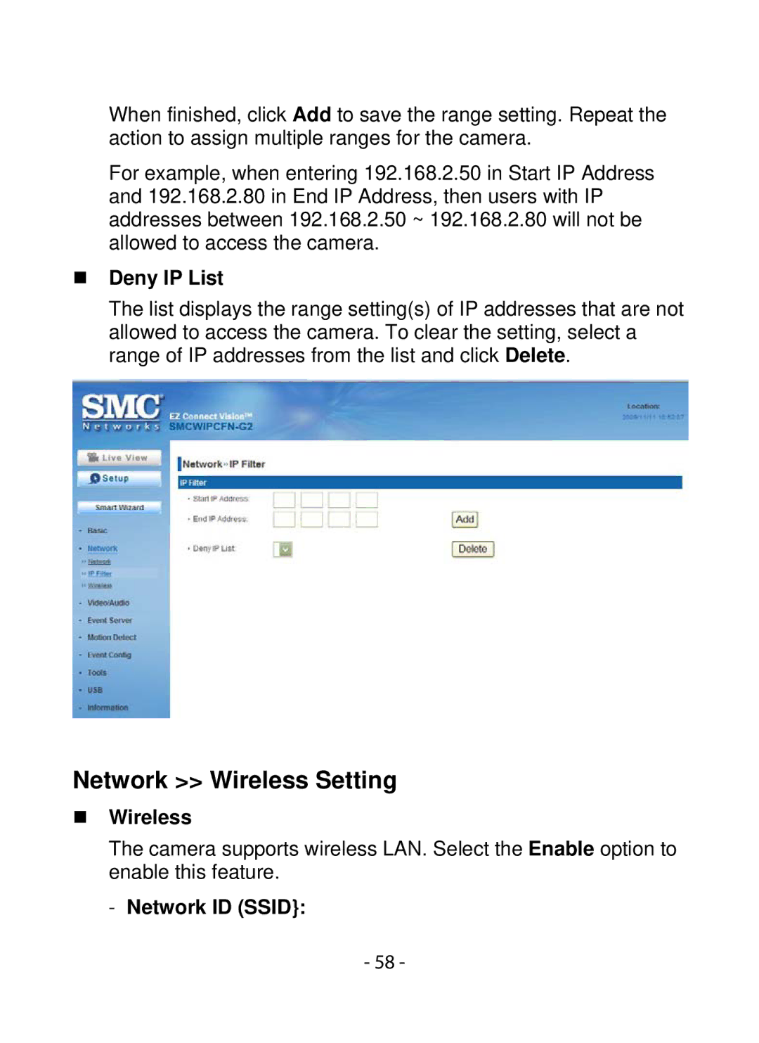 SMC Networks SMCWIPCFN-G2 manual Network Wireless Setting, „ Deny IP List, „ Wireless, Network ID Ssid 