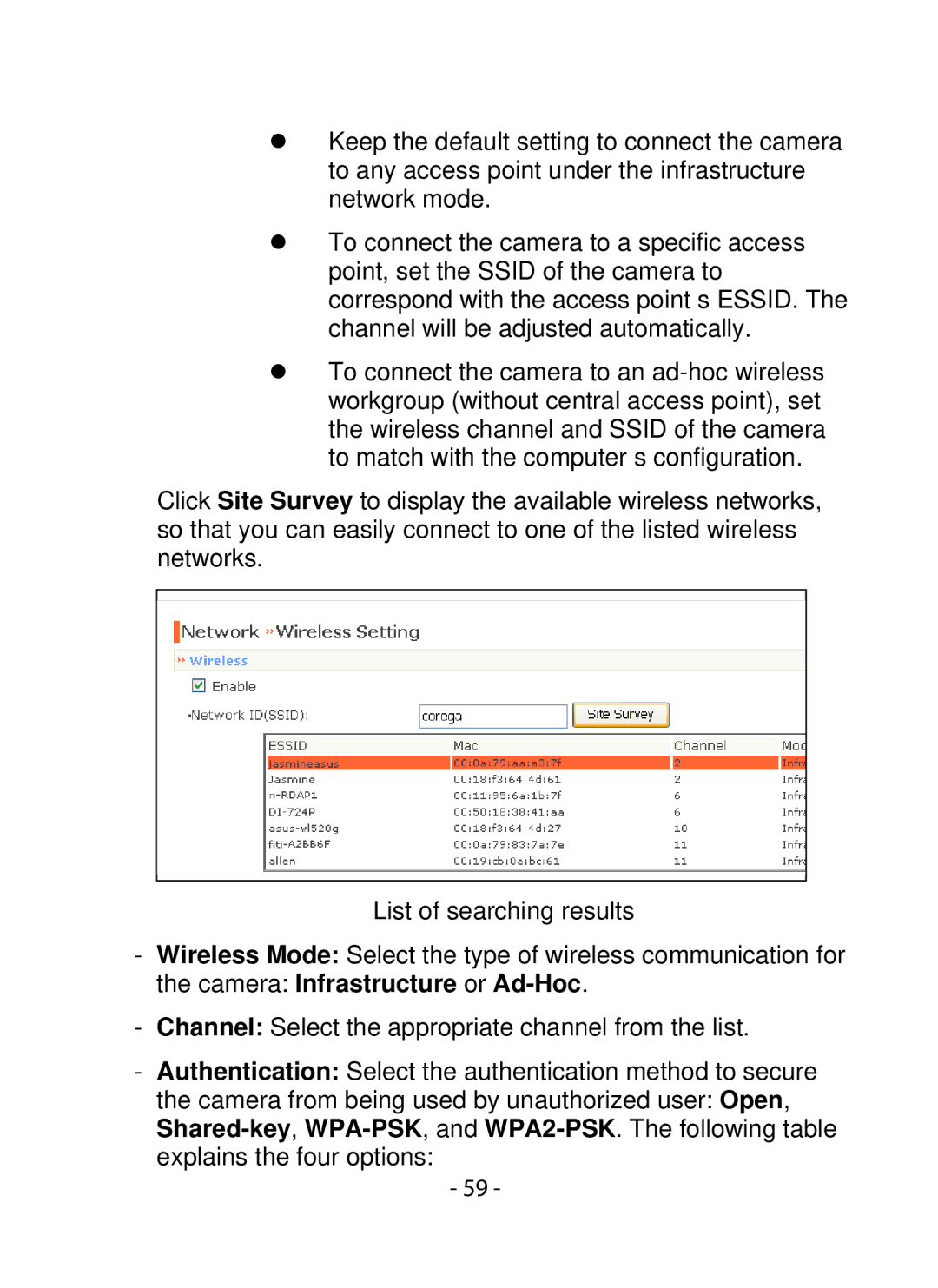 SMC Networks SMCWIPCFN-G2 manual Camera Infrastructure or Ad-Hoc 