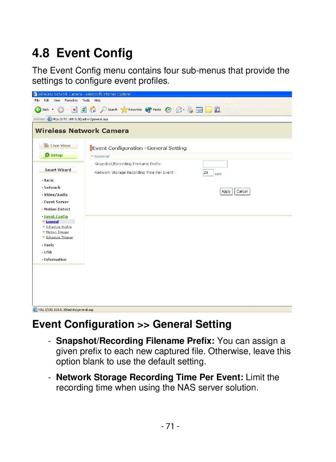 SMC Networks SMCWIPCFN-G2 manual Event Configuration General Setting 