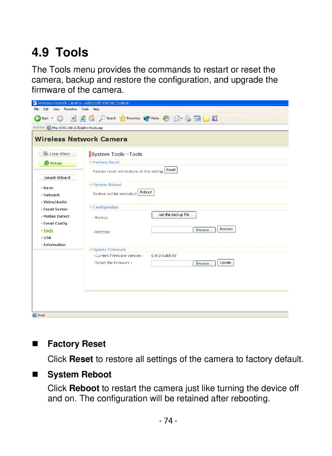 SMC Networks SMCWIPCFN-G2 manual Tools, „ Factory Reset, „ System Reboot 