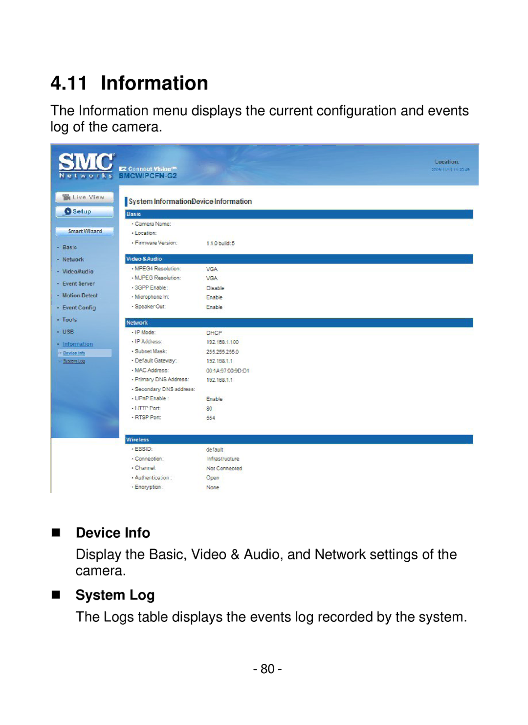 SMC Networks SMCWIPCFN-G2 manual Logs table displays the events log recorded by the system 