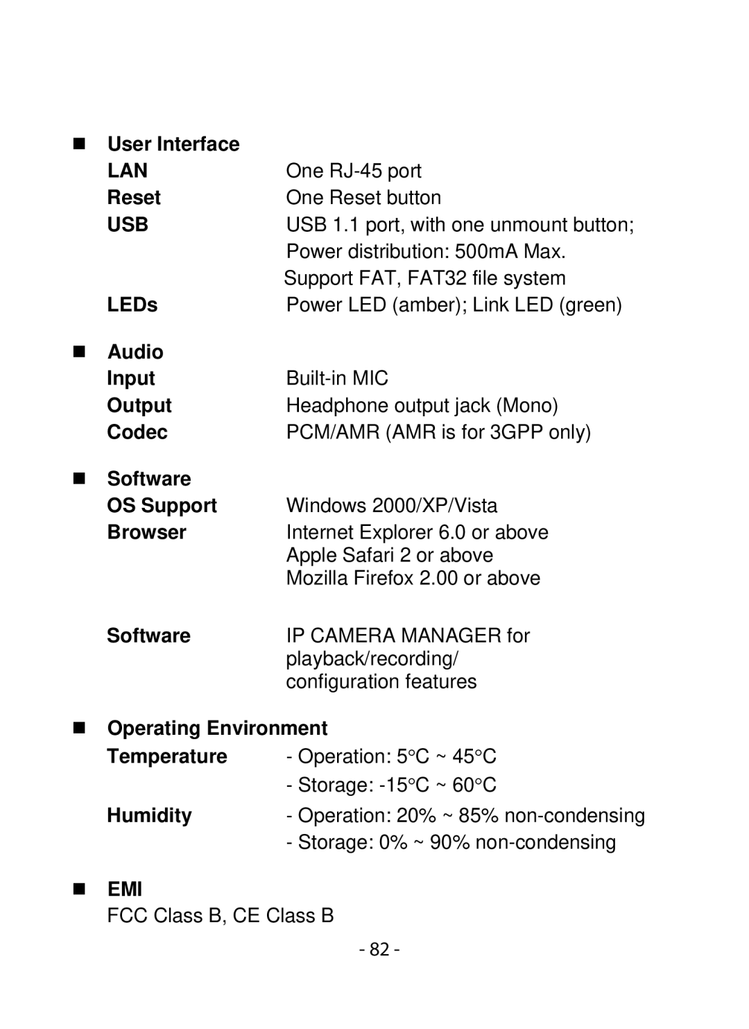 SMC Networks SMCWIPCFN-G2 manual „ User Interface, Reset, LEDs, „ Audio Input, Output, Codec, „ Software, Browser, Humidity 