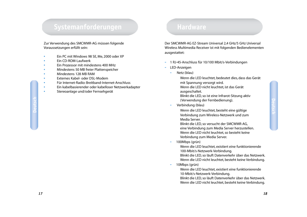 SMC Networks SMCWMR-AG manual Systemanforderungen, Hardware, Deutsch 